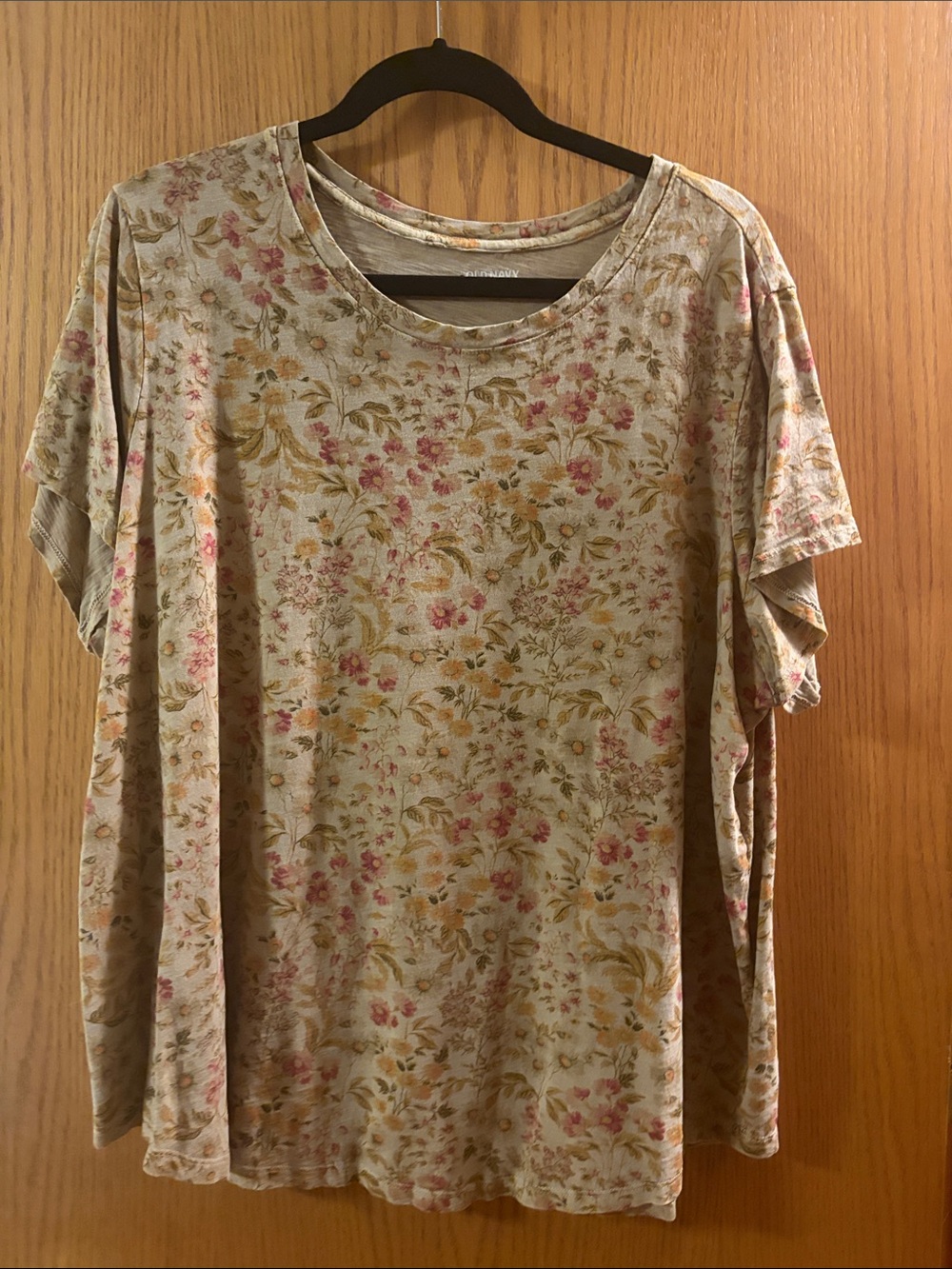 Old Navy Beige Floral Short Sleeve Tee with Pink & Mustard Accents